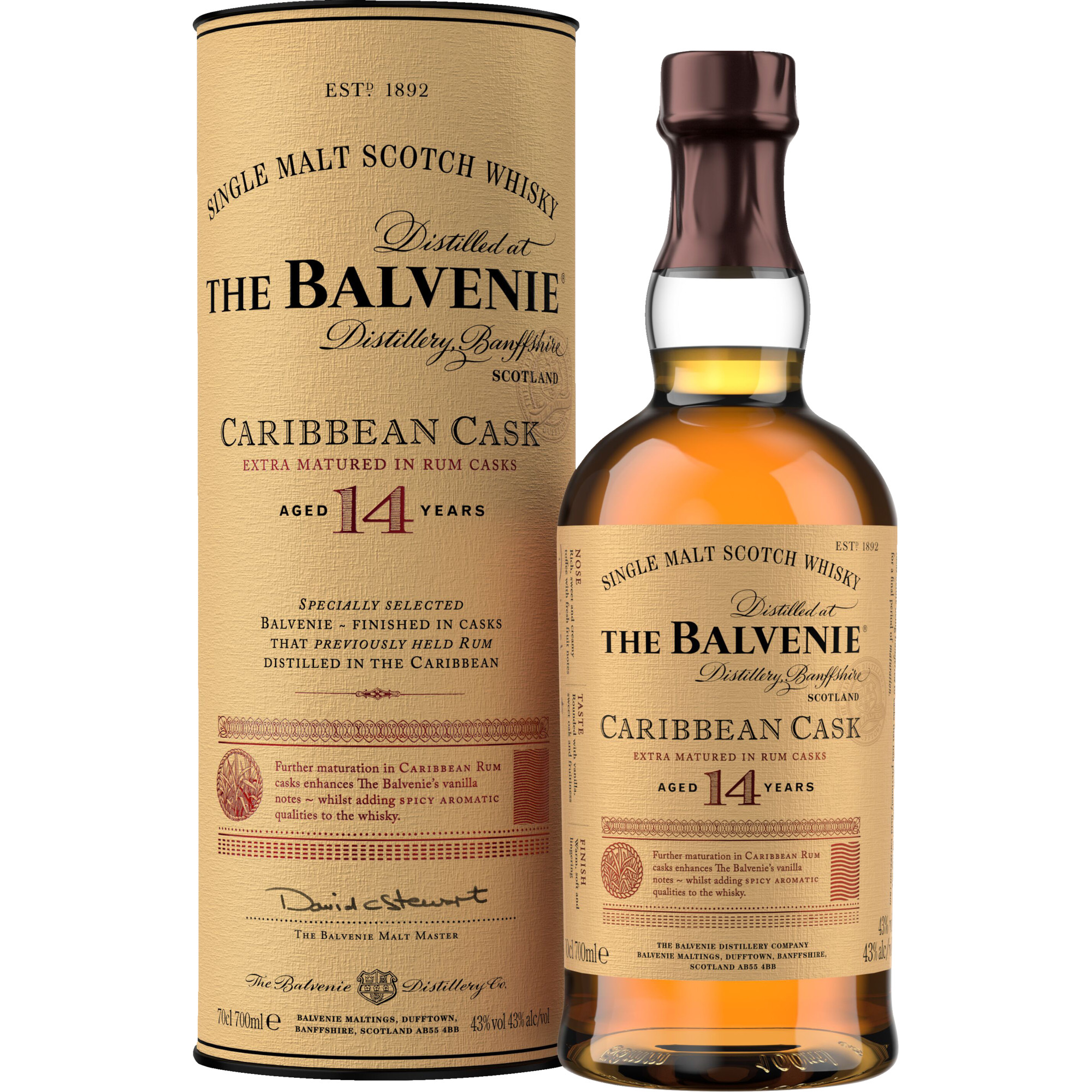 Balvenie 14 Caribbean Cask Single Malt Scotch, Whiskey, 0,7L, 43% Vol., Schottland, Spirituosen