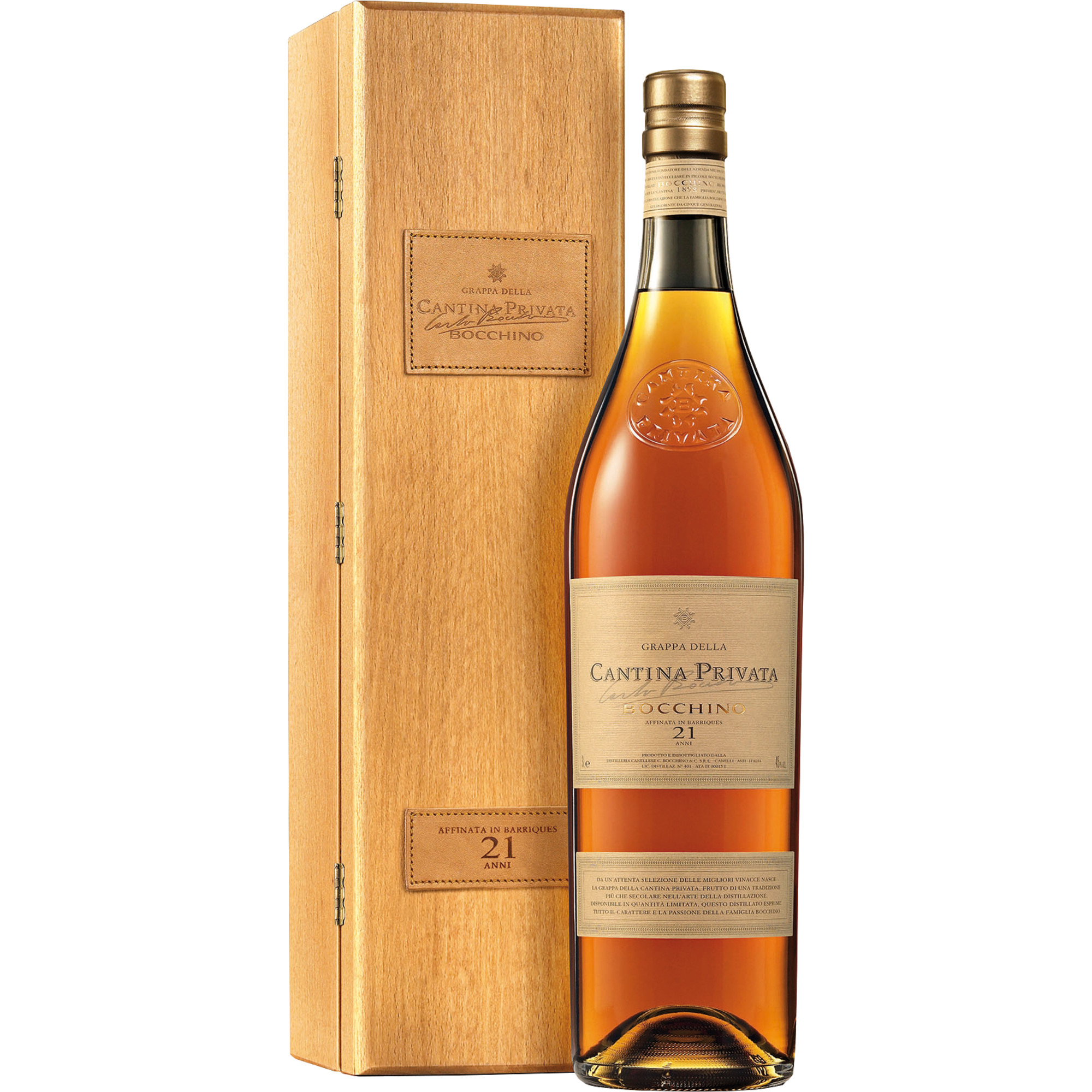 Grappa Cantina Privata Bocchino 21 Jahre, 3,0 L, 45% vol in Holzkiste, Piemont, Spirituosen