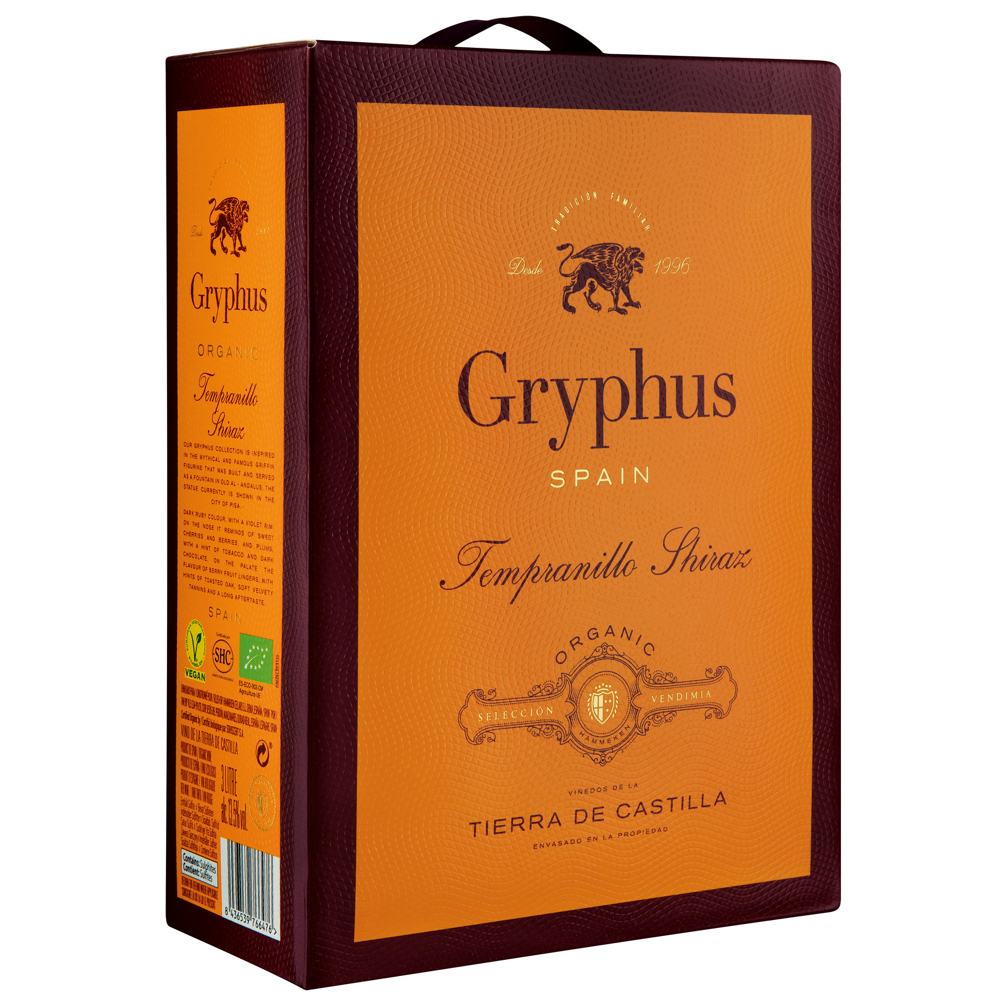 Gryphus Tempranillo Shiraz, Vino de la Tierra de Castilla, Bag-in-Box, 3 L, Vino de la Tierra de Castilla, Rotwein