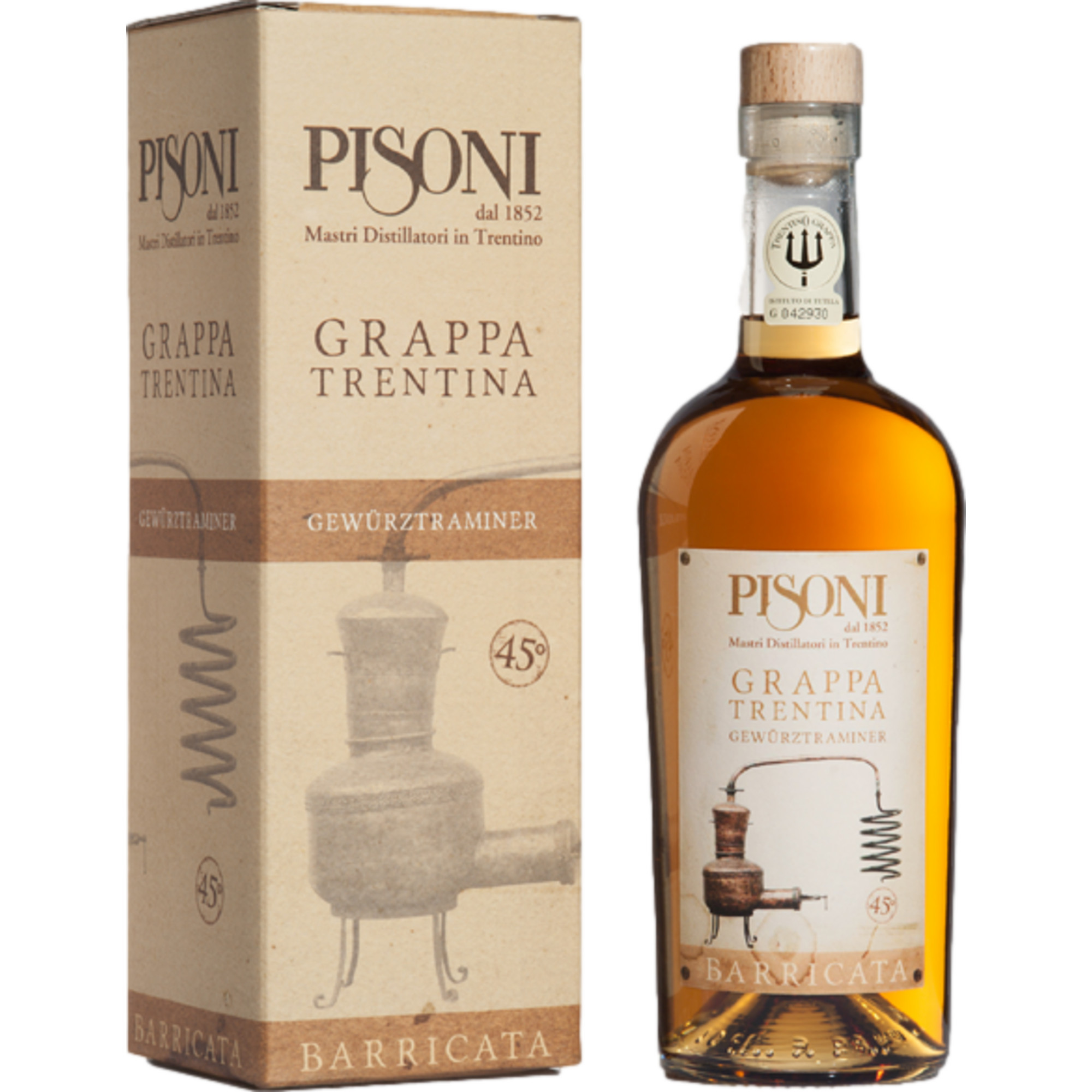 Pisoni Grappa Gewürztraminer Barricata, Italien, 0,7 L, 45% Vol., Trentino, Spirituosen