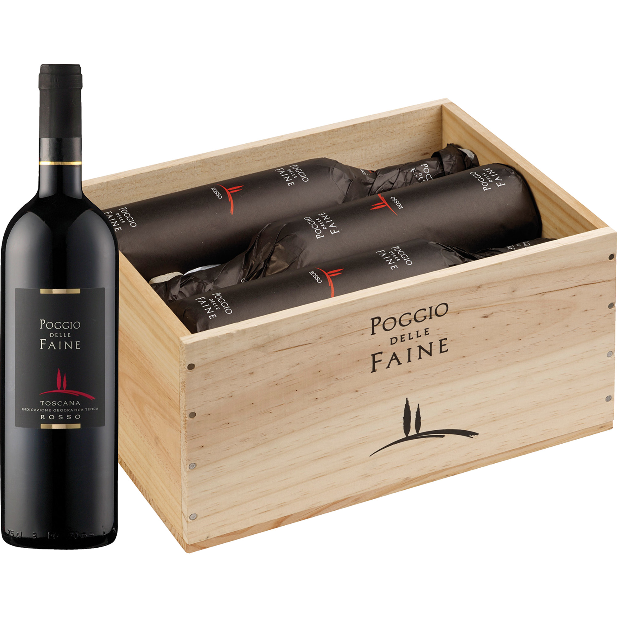Poggio delle Faine Rosso, Toscana IGT, 6 Flaschen in Holzkiste, Toskana, 2017, Rotwein